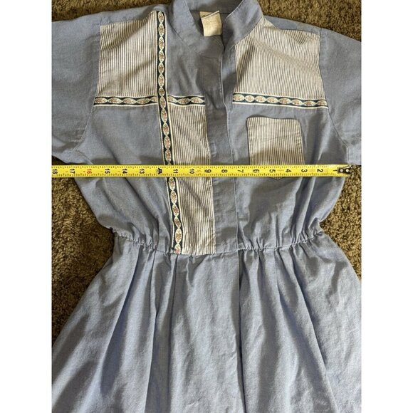 Vintage 70s 80s Fit & Flare Midi Dress Blue Stripe Elastic Waist Cotton USA 10 - Picture 8 of 9